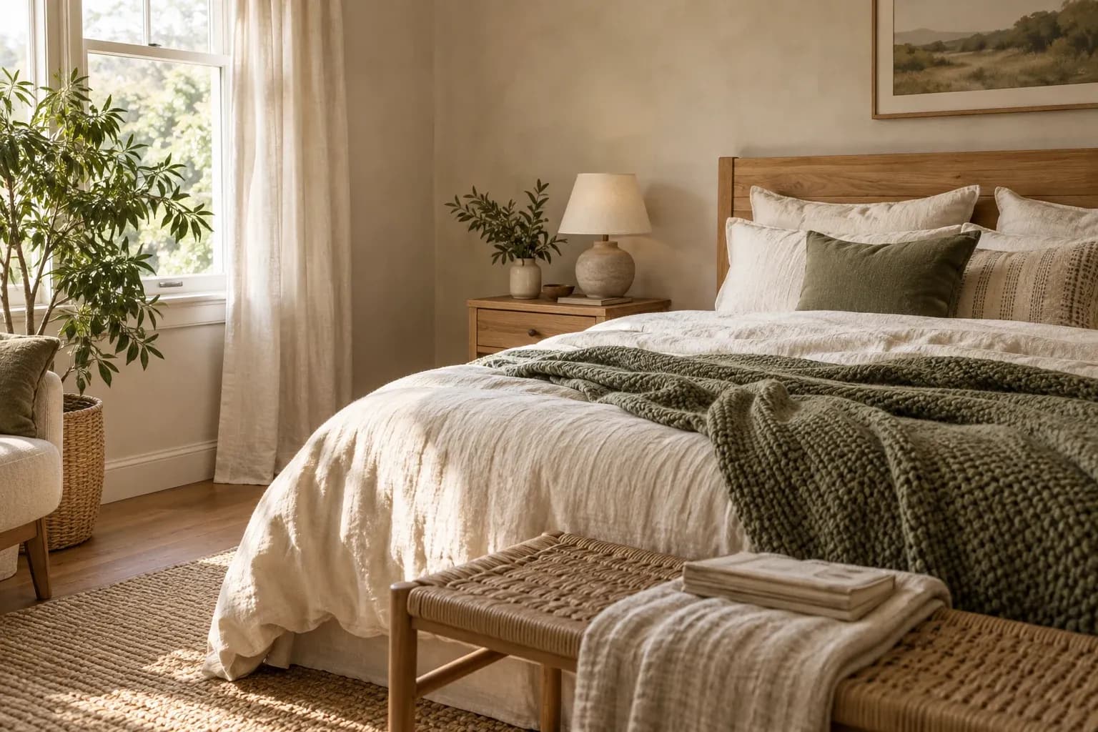 Illustrative bedroom with oak furniture, cream linen and an olive throw