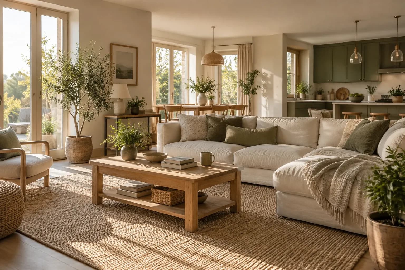 Illustrative sunlit living room with cream linen, warm oak and sage details