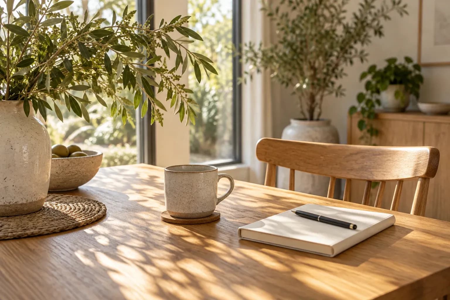 Illustrative oak table with a ceramic mug, notebook and leafy branches